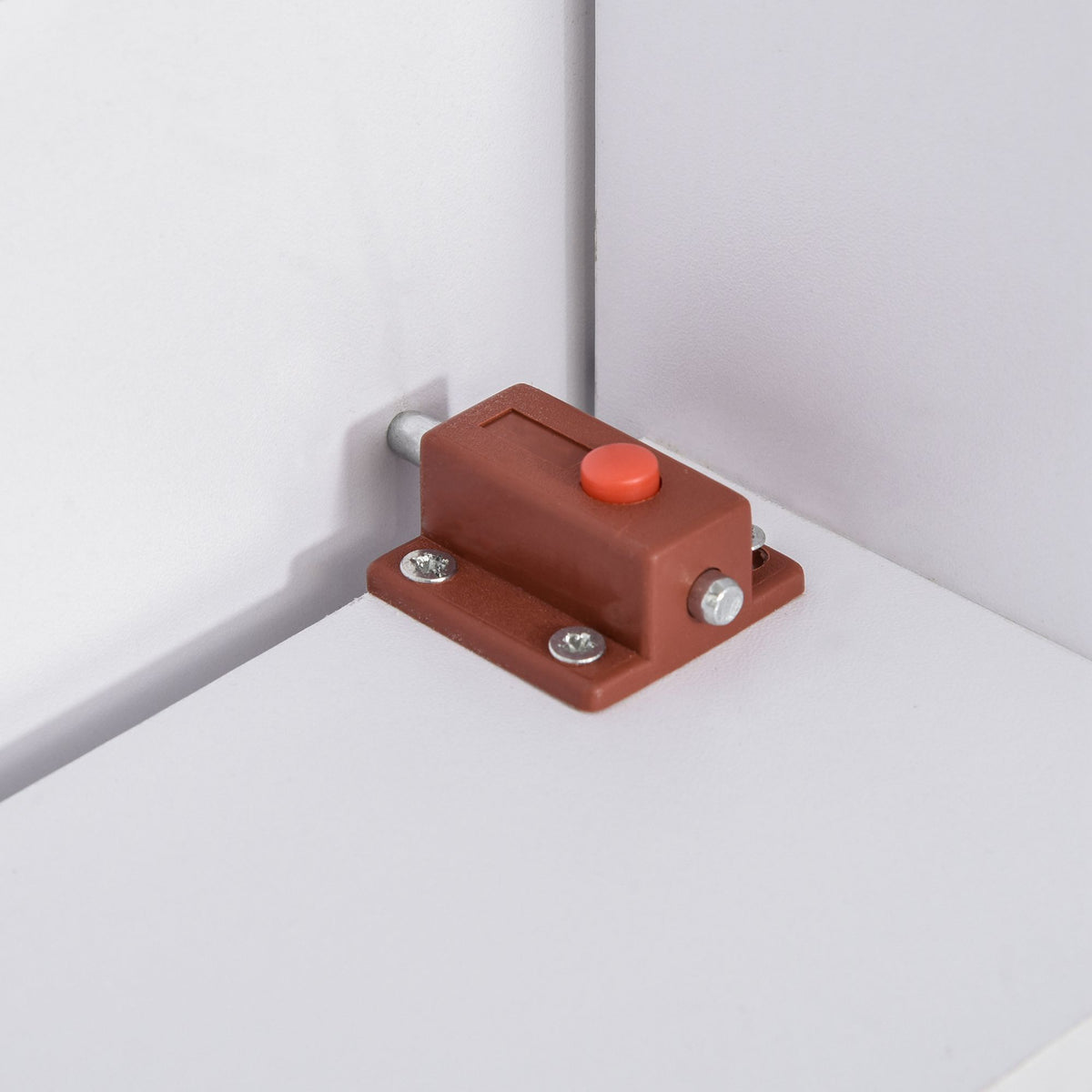 Folding table locking latch with a red release button