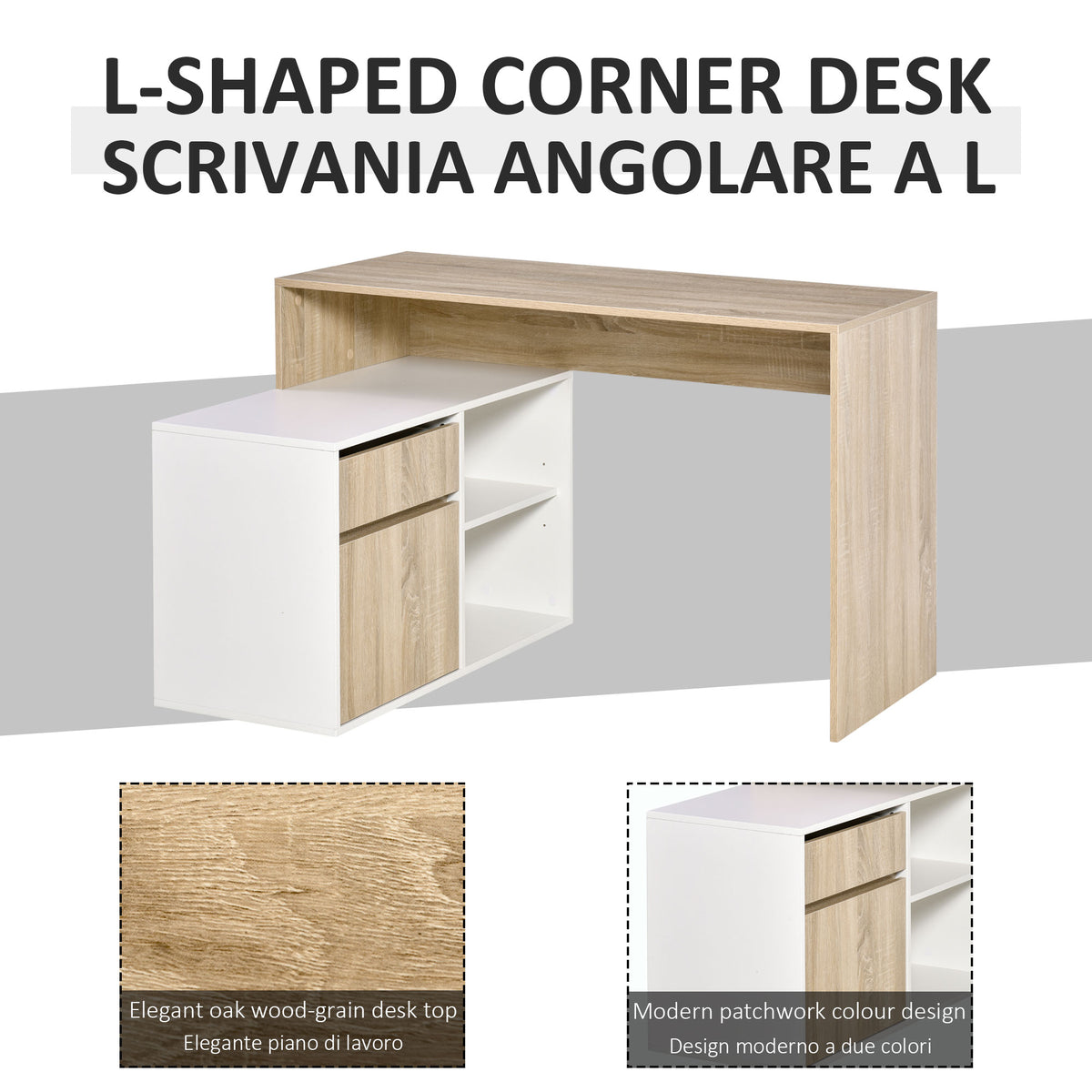 L-shaped desk with oak-grain top, white work surface, cabinet, drawer, and open shelves