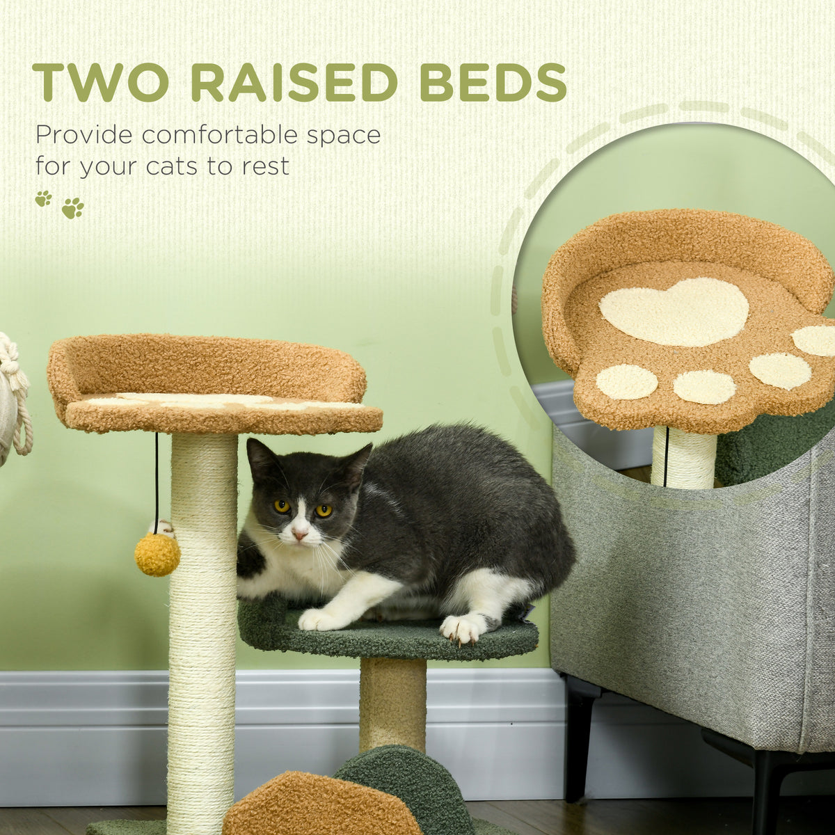 PawHut cat tree showing two raised beds, a hanging ball toy, and sisal scratching posts