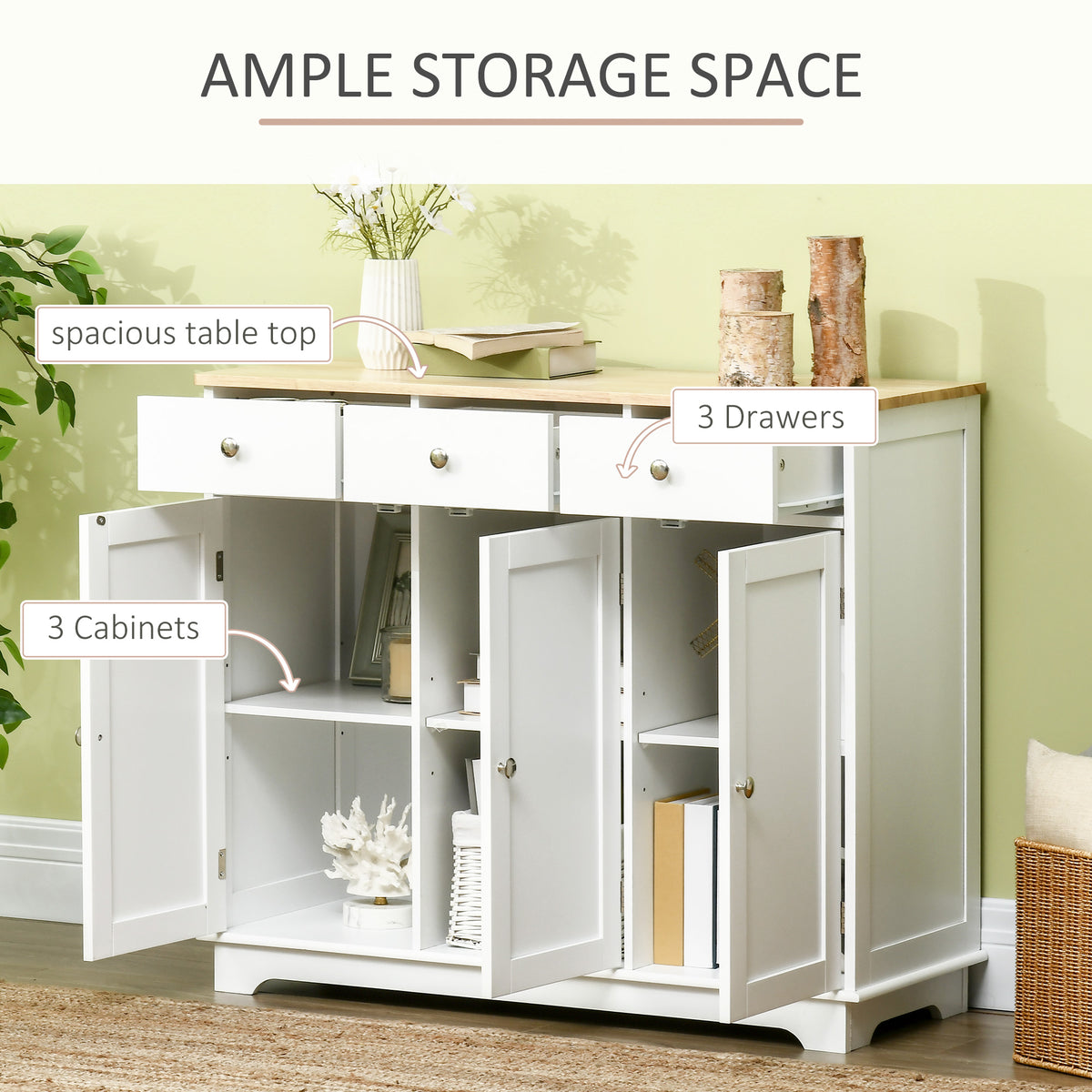 White sideboard with three open cabinets, three drawers, and a wood top.
