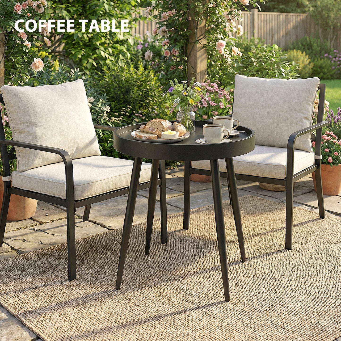 Outsunny 49.5 cm Round Garden Table, Small Outdoor Coffee Side Table with Plastic Tray-Style Top, Metal Legs, Black