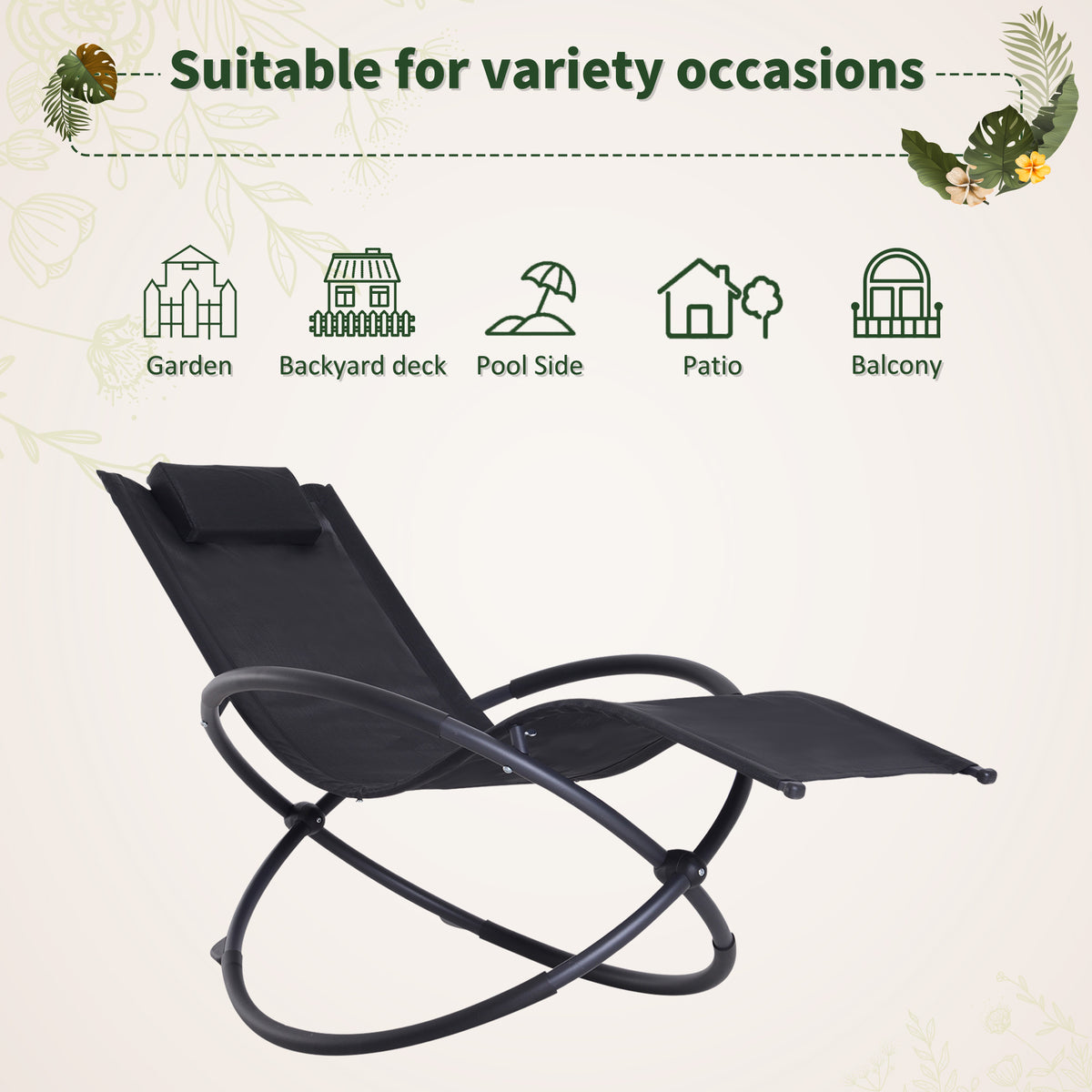 Black rocking patio chaise with a mesh seat and head pillow