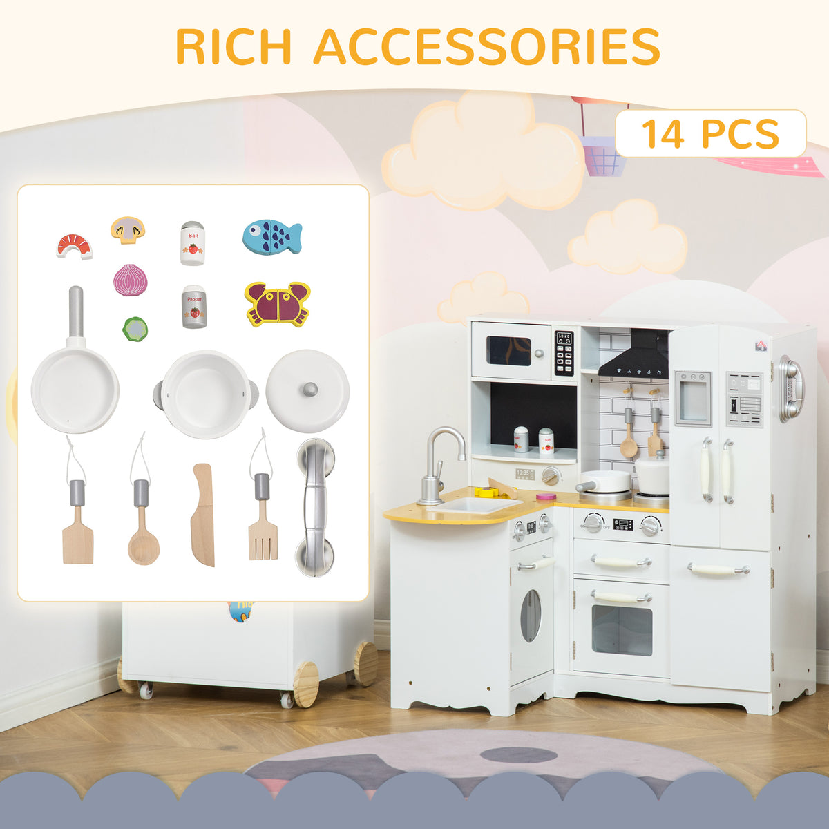 HOMCOM white play kitchen with a set of miniature cookware and pretend food accessories