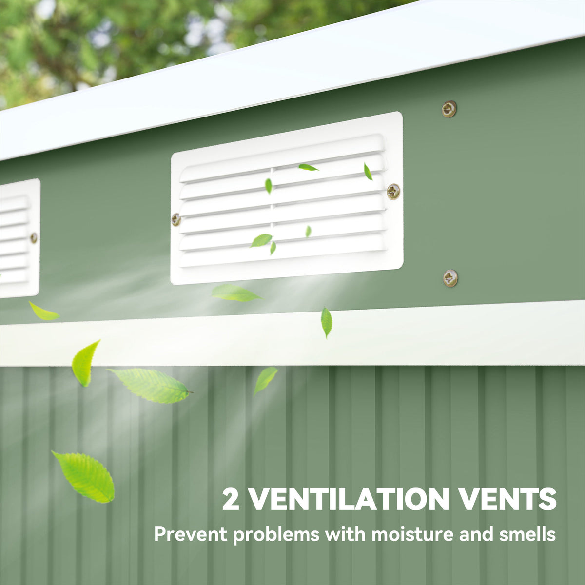 Close-up of a white ventilation vent on the green steel shed.
