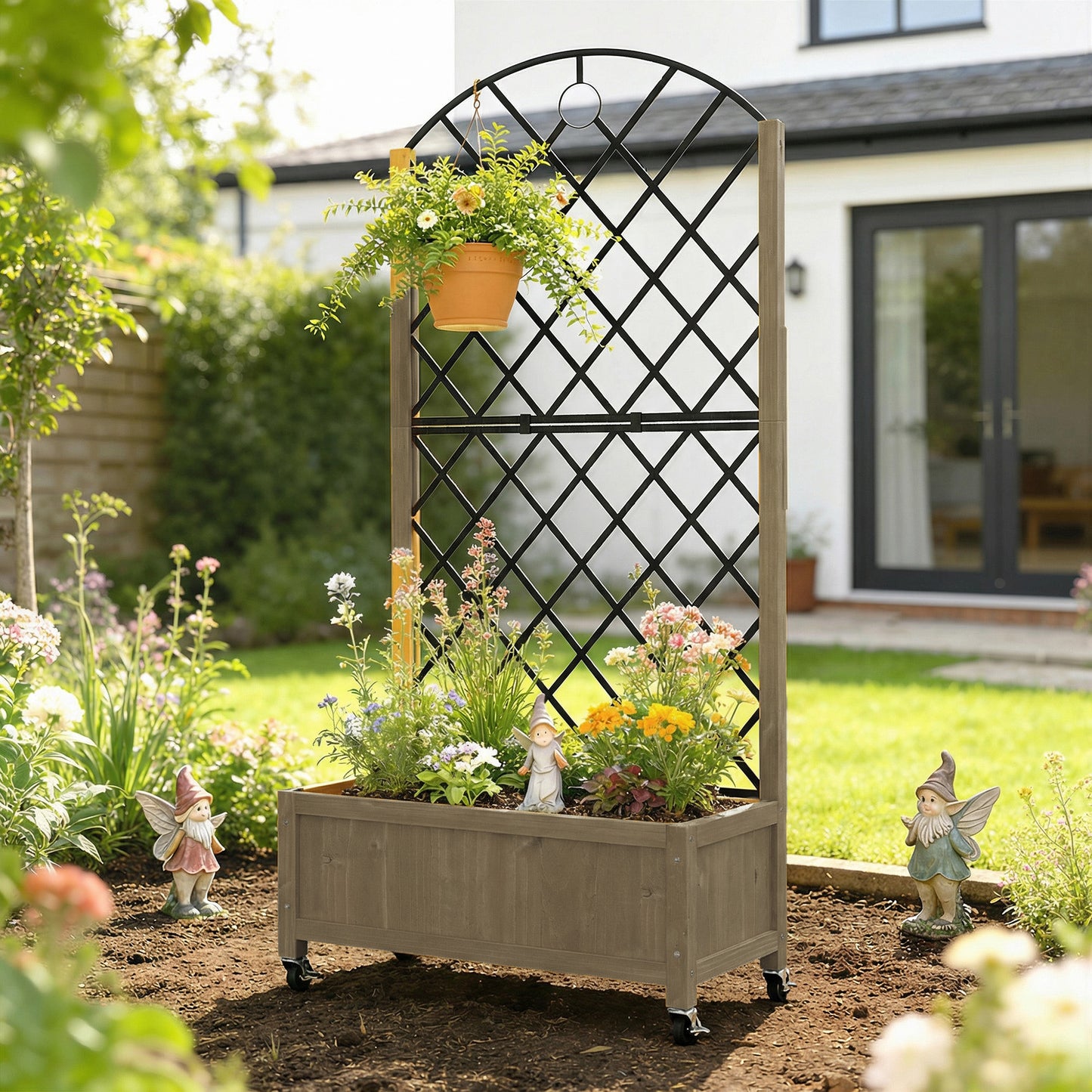 Outsunny Raised Garden Bed with Metal Trellis, Wooden Elevated Planter Box w/Lockable Wheels, Outdoor Raised Planter, Carbonised