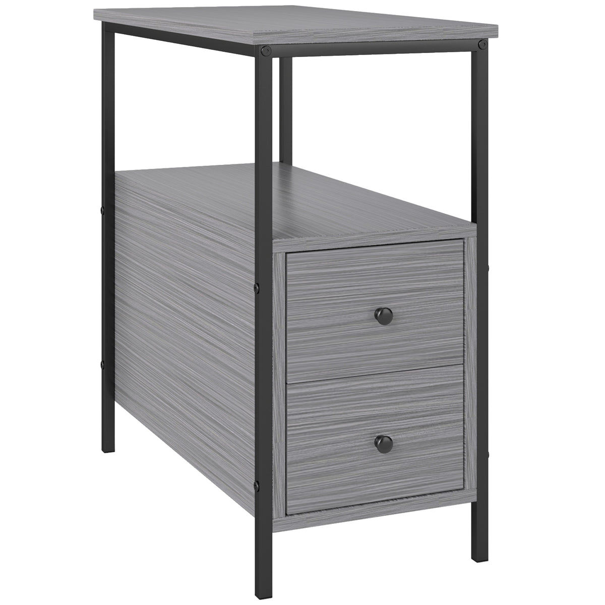 Narrow grey wood-grain side table with two drawers, an open shelf, and a black metal frame