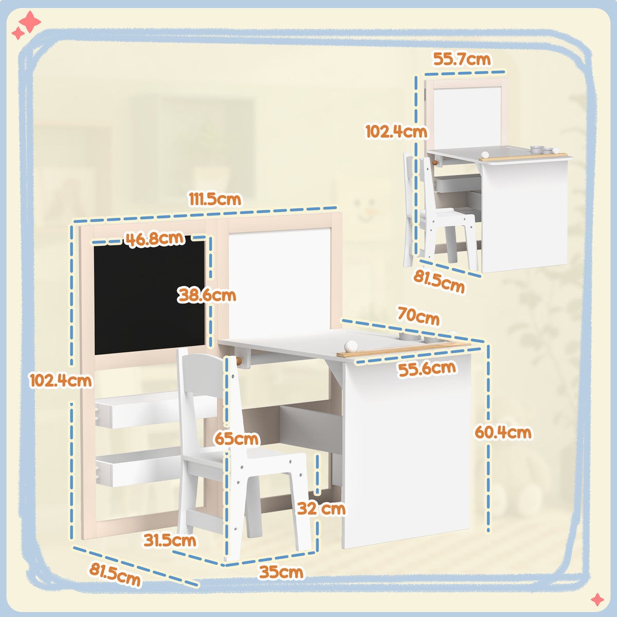 Children's table and chair set with labeled dimensions and folded configuration