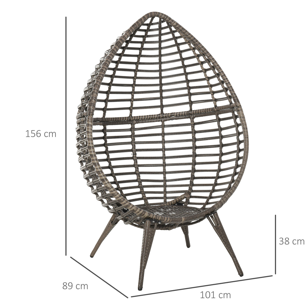 Teardrop wicker chair frame with four angled legs and dimensions shown