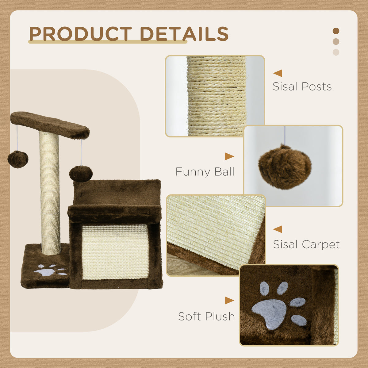 Brown cat tree with close-ups of sisal post, scratching carpet, plush fabric, and dangling ball