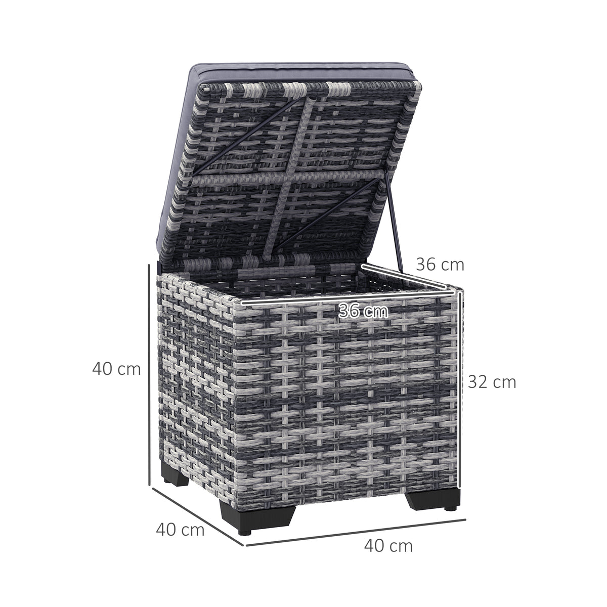 Rattan storage ottoman with lid open, showing the interior and hinged support arms
