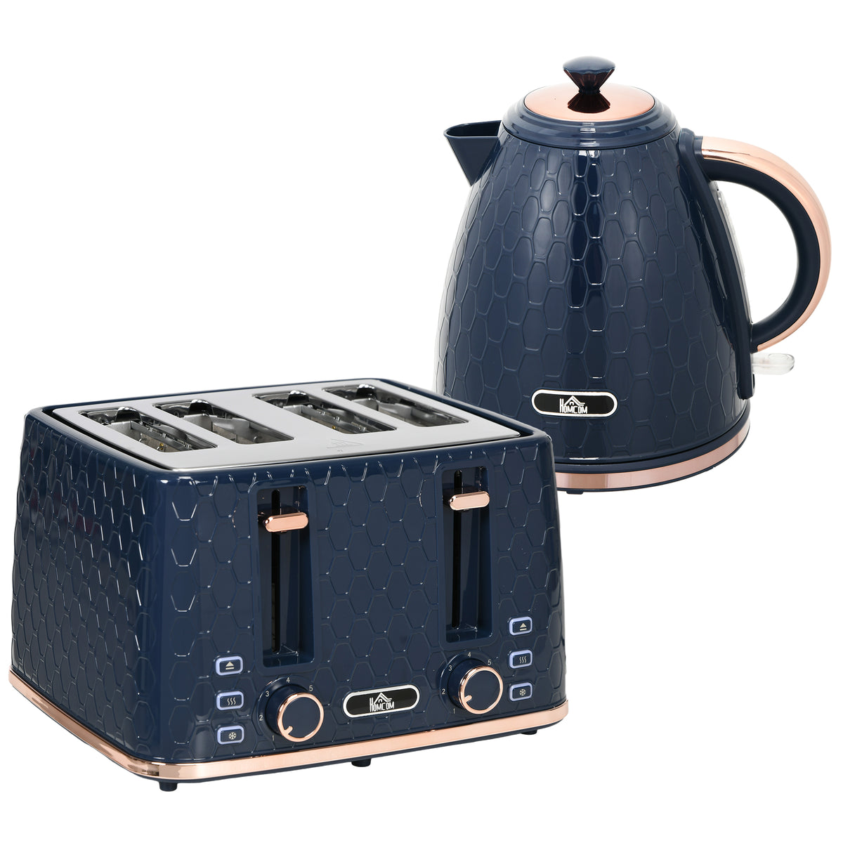 Blue kettle and four-slice toaster set with textured finish and rose gold trim