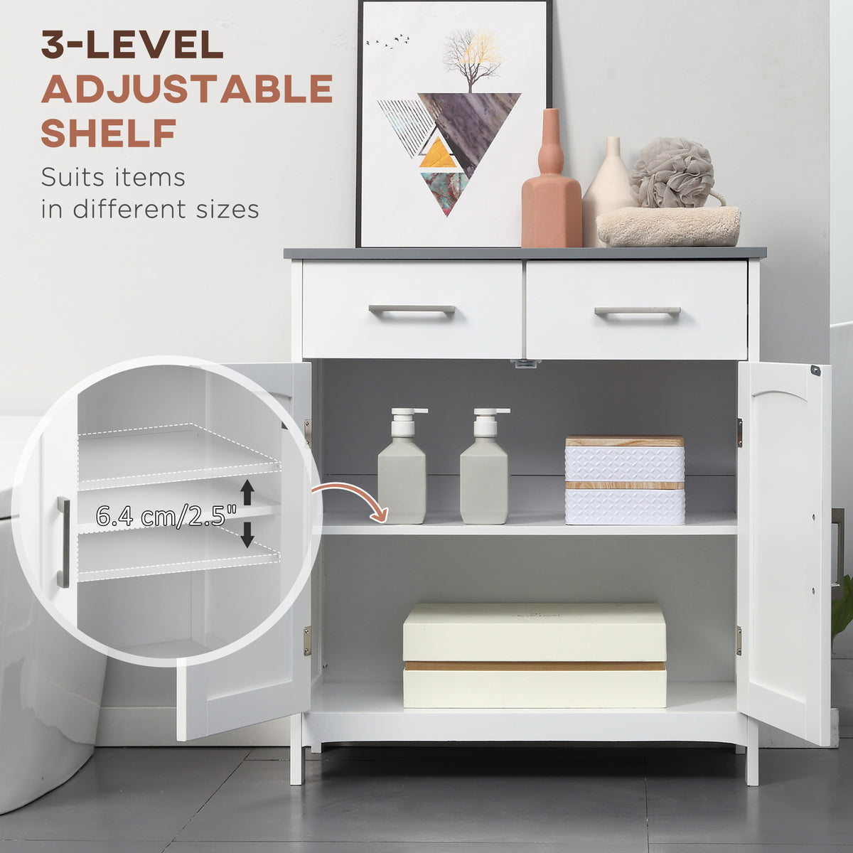 White bathroom cabinet with open doors and a three-level adjustable shelf