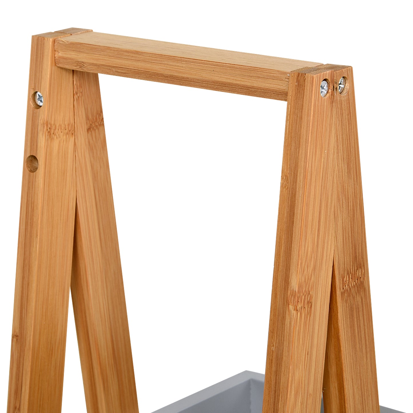 Close-up of the bamboo shelf's A-frame top and connecting bar