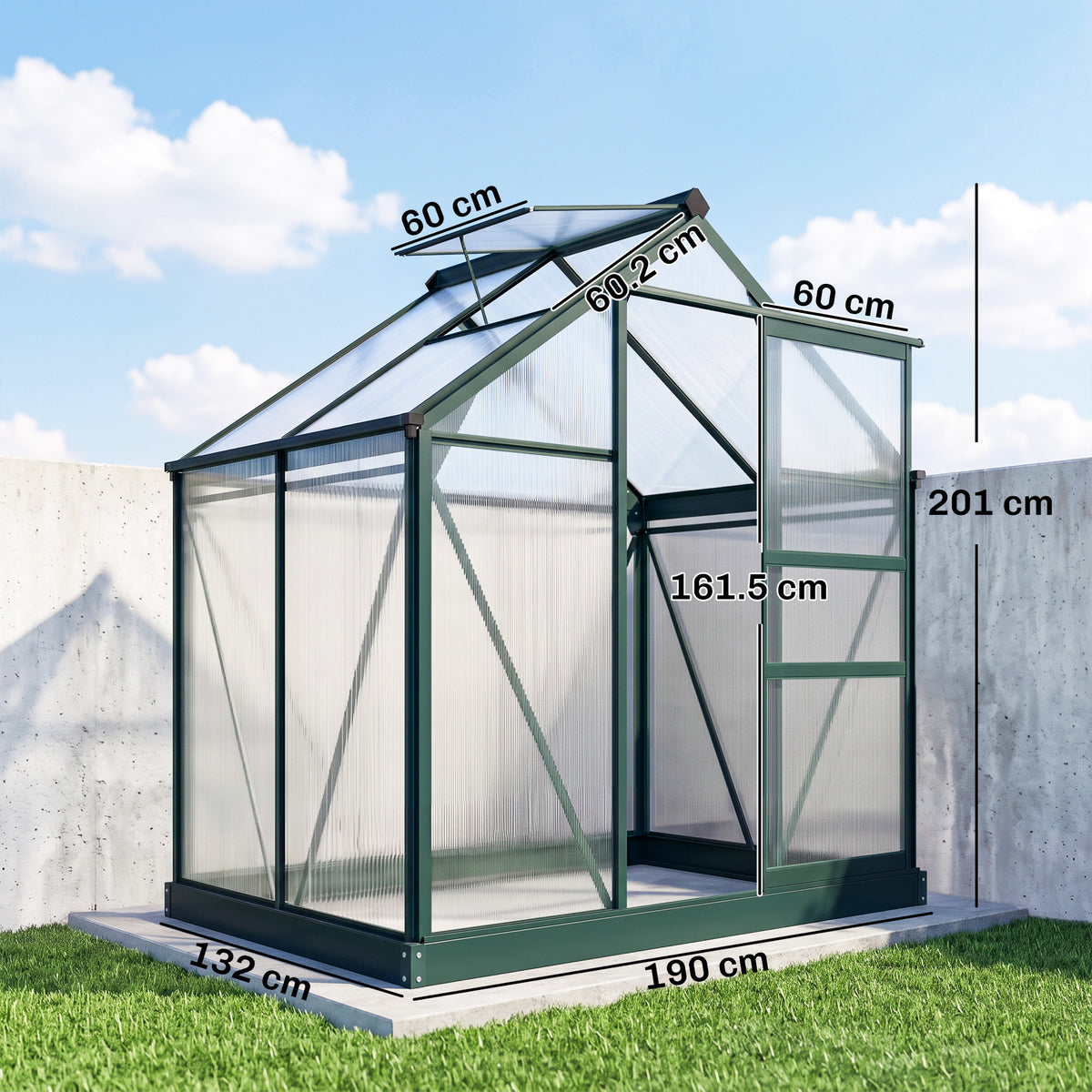 Outsunny greenhouse with dimensions marked: 190 by 132 cm and 201 cm tall