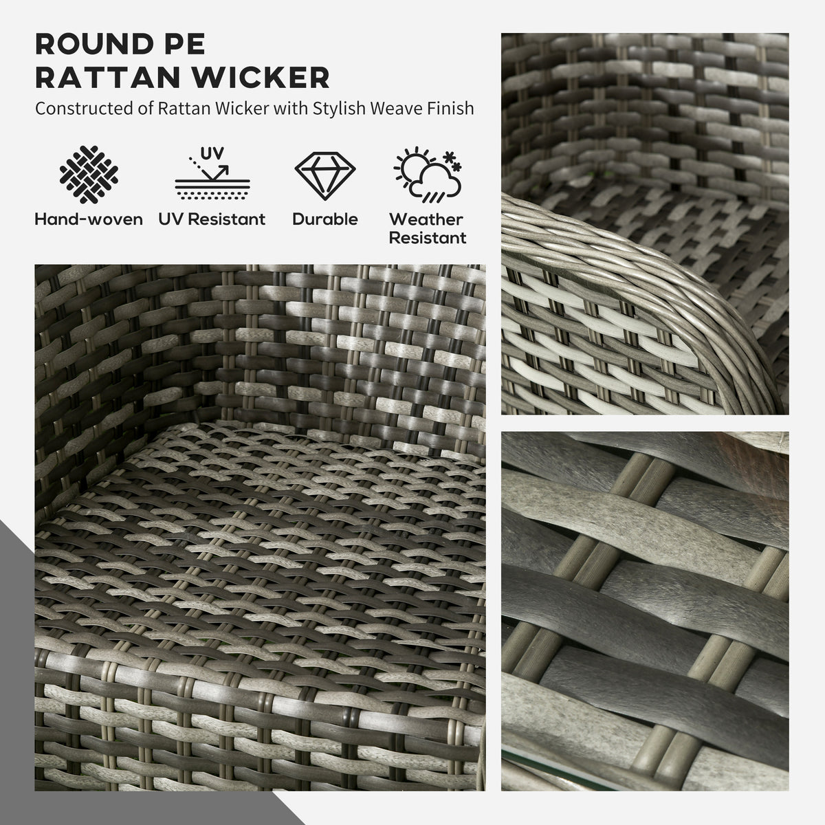Rattan sofa set with close-ups of its hand-woven mixed-grey wicker weave