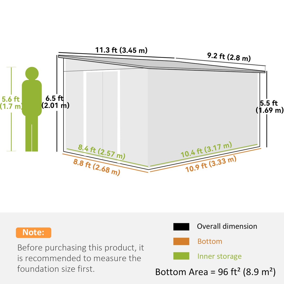 Lean-to metal garden shed dimension diagram showing footprint, height, and storage area