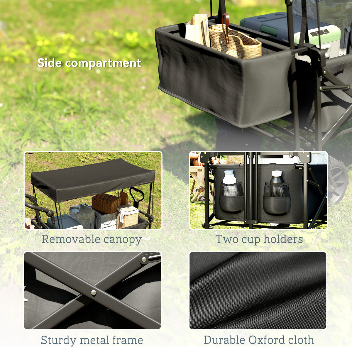 Outsunny 180L Festival Trolley on Wheels, Push & Pull Beach Cart with Removable Canopy, Wide All-Terrain Wheels, Folding Camping Trolley Cart, Adjustable Handle for Garden Fishing Shopping, Black