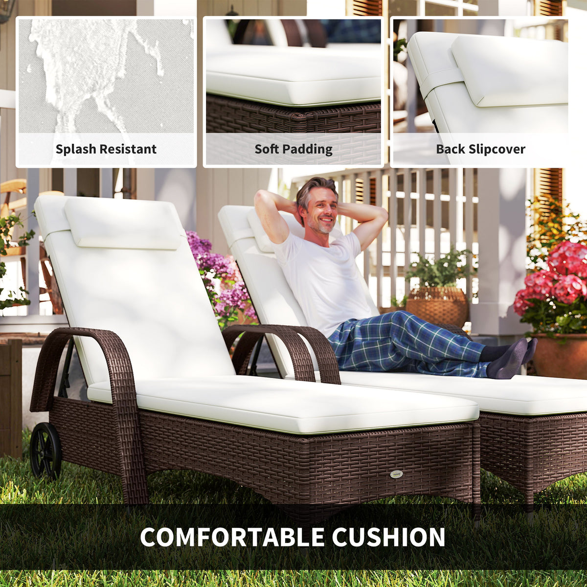 Brown rattan sun lounger with thick white cushion and adjustable padded headrest
