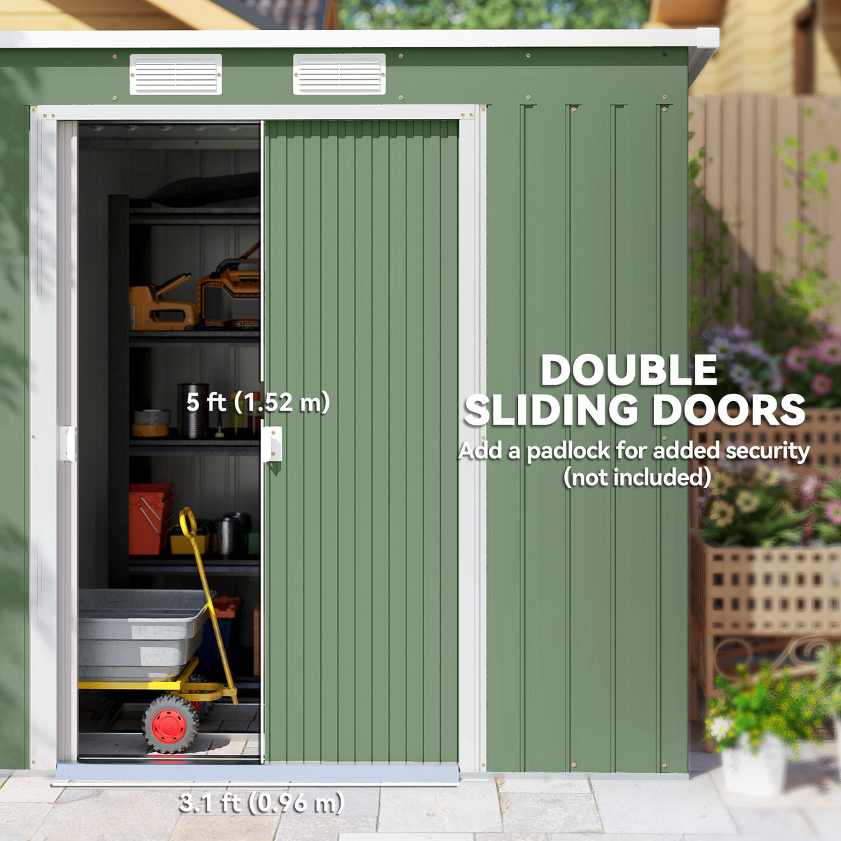 Green steel garden shed with double sliding doors, one open to show storage shelves.