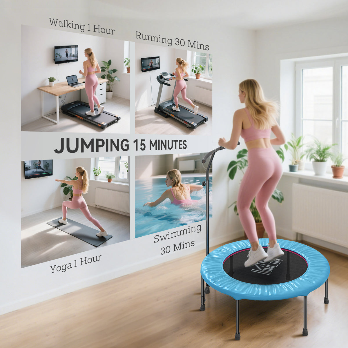 Blue fitness rebounder with adjustable handlebar and black jumping surface