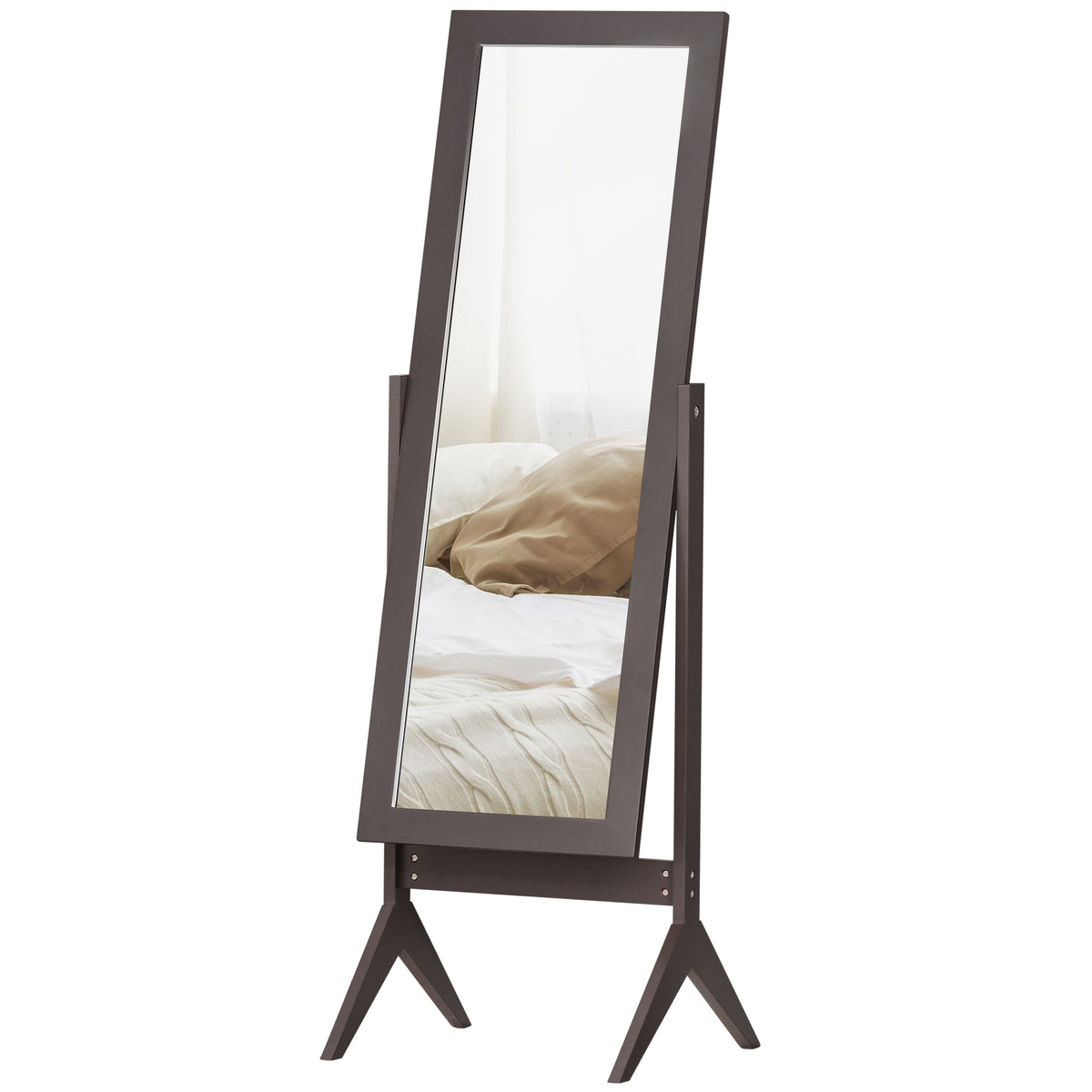 Brown freestanding full-length mirror with a rectangular frame and angled tripod-style legs