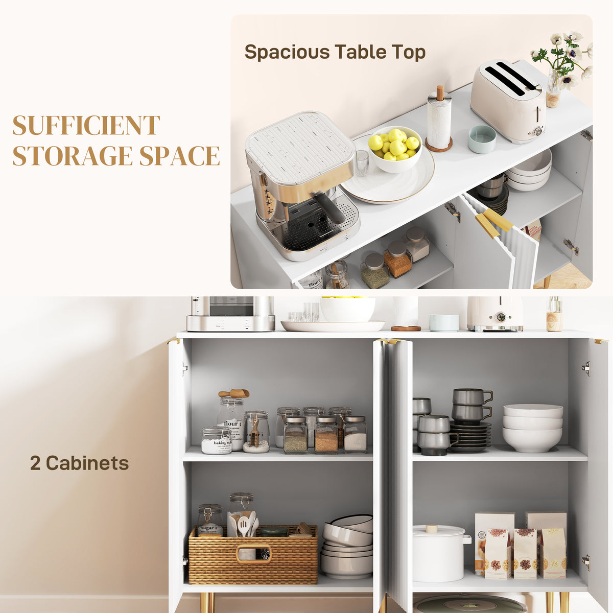 HOMCOM white buffet cabinet with open doors showing adjustable shelves and storage space