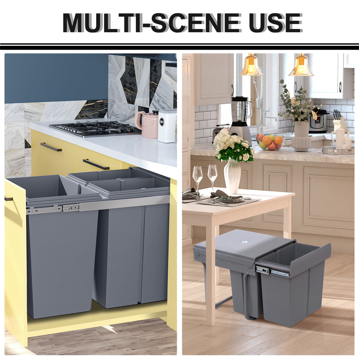 HOMCOM gray pull-out recycling bin shown installed in a kitchen cabinet