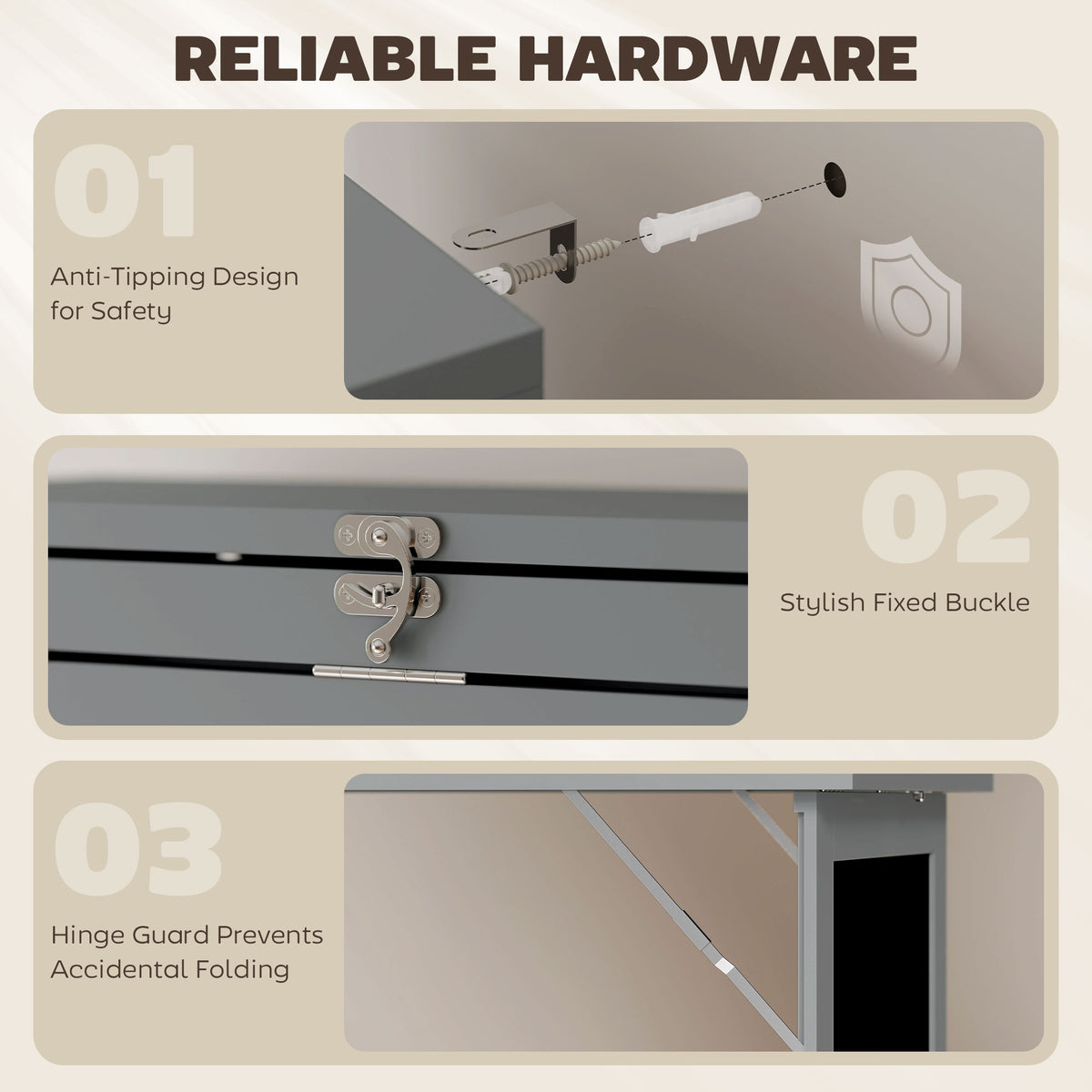 Grey folding desk hardware details, including safety buckle, hinge guard, and anti-tip fitting.