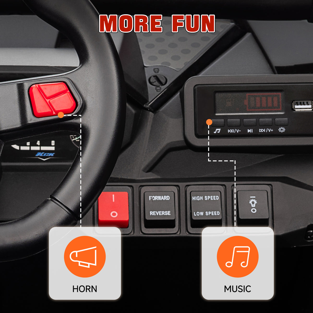 Ride-on truck dashboard with steering wheel, horn, music controls, and USB port