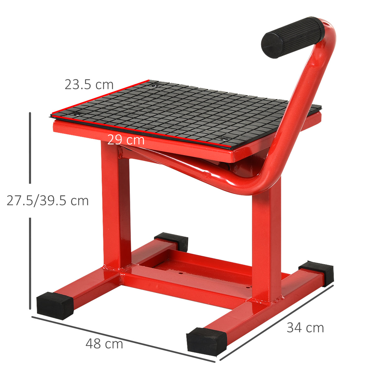 DURHAND red steel motorbike lift with black rubber platform and crank handle; dimensions shown.