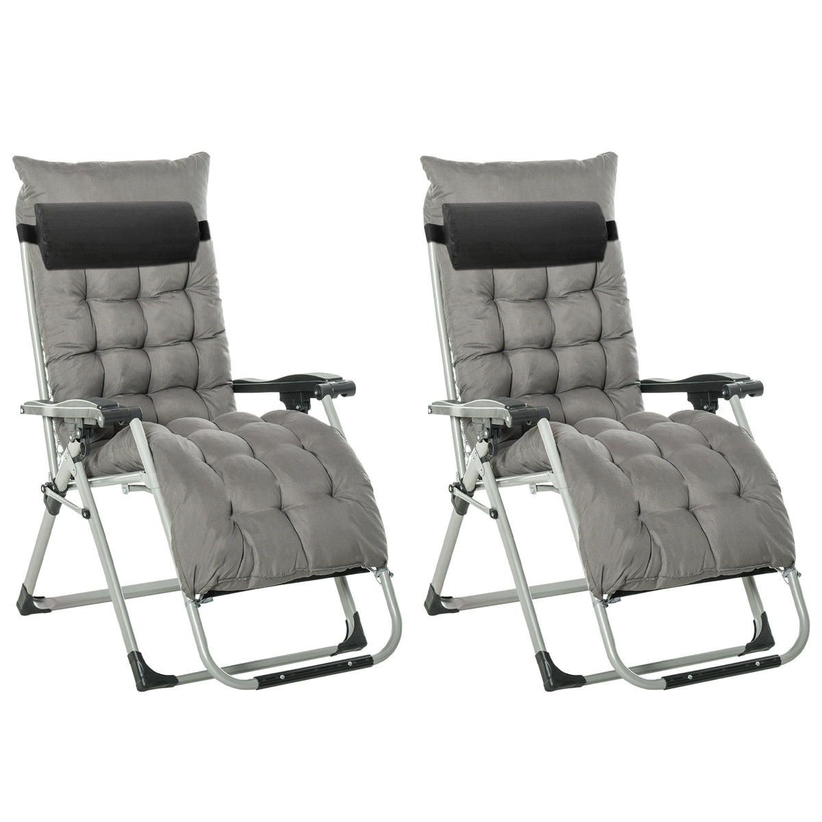 Two padded dark gray zero-gravity loungers with adjustable head pillows and cup holders
