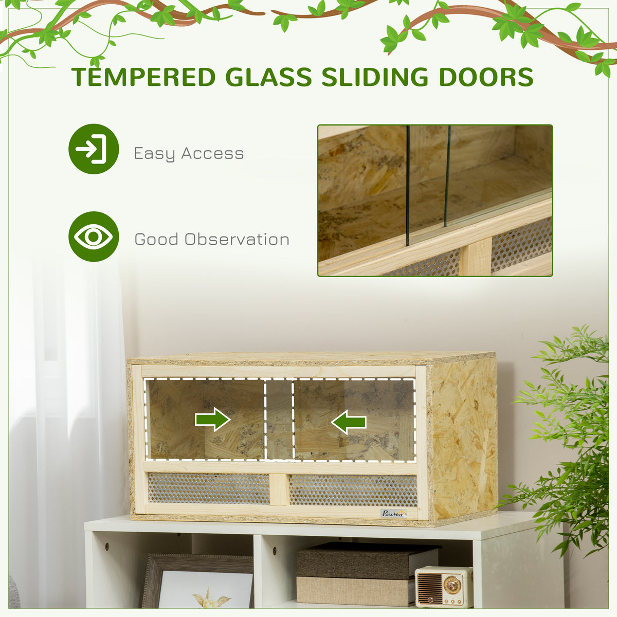 PawHut terrarium with tempered glass sliding doors shown moving in opposite directions