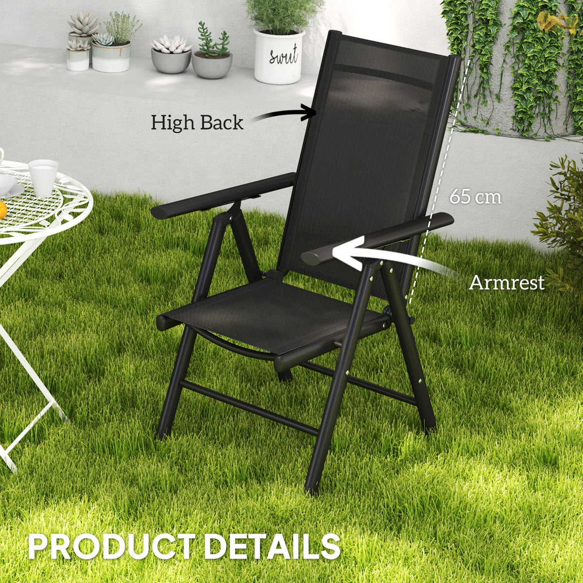 Outsunny black garden chair with high mesh back, armrests and folding aluminium frame