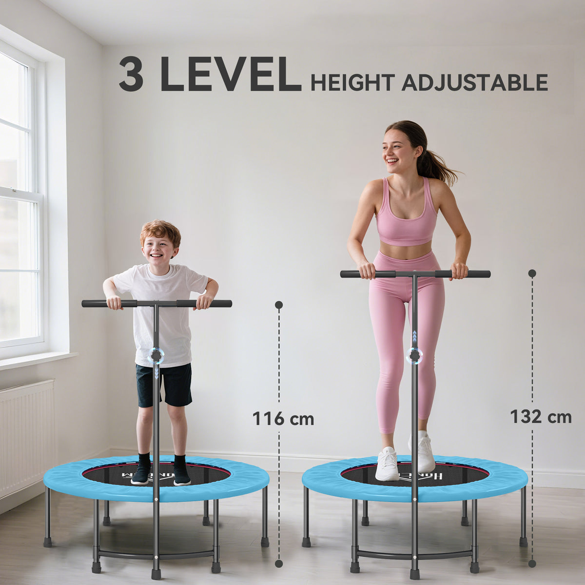 Blue mini exercise trampoline with adjustable handlebar shown at two height settings