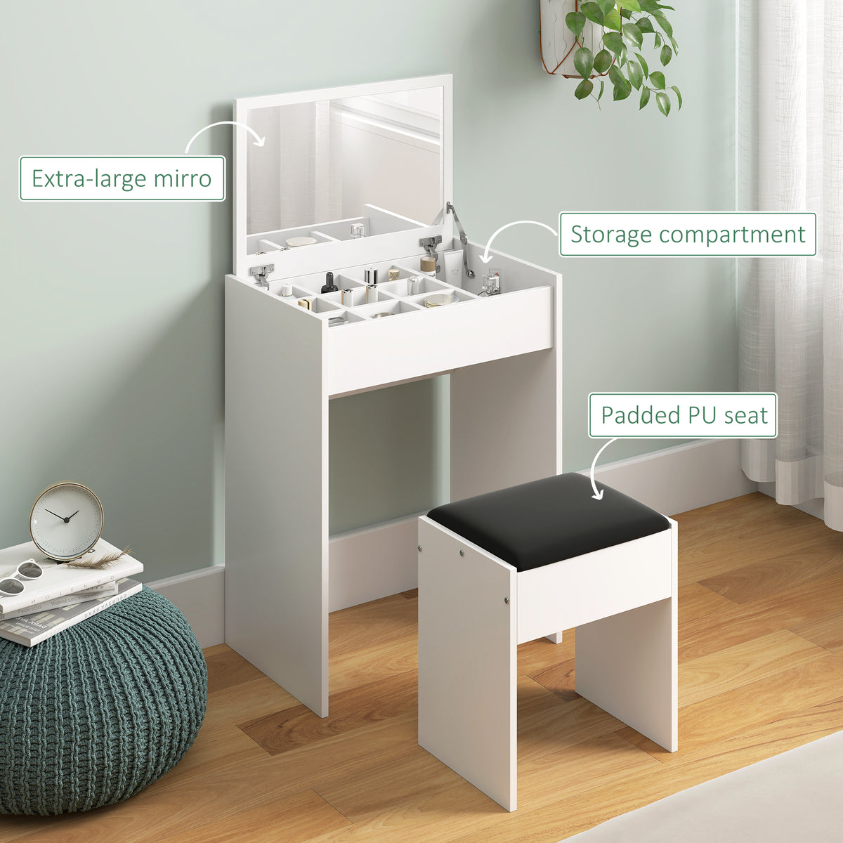 White dressing table with large mirror, divided storage, and black padded stool