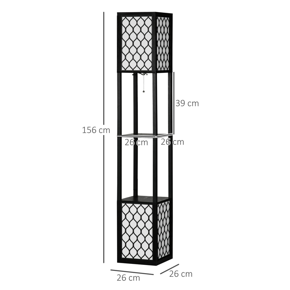 Black floor lamp with shelves, shown with height and width dimensions.