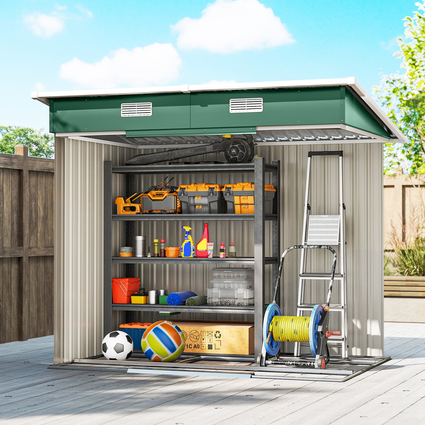 Outsunny 7 x 4ft Outdoor Storage Shed with Foundation Kit, Lean to Metal Garden Shed for Log, Rubbish Bin, Tool, Bike, Green