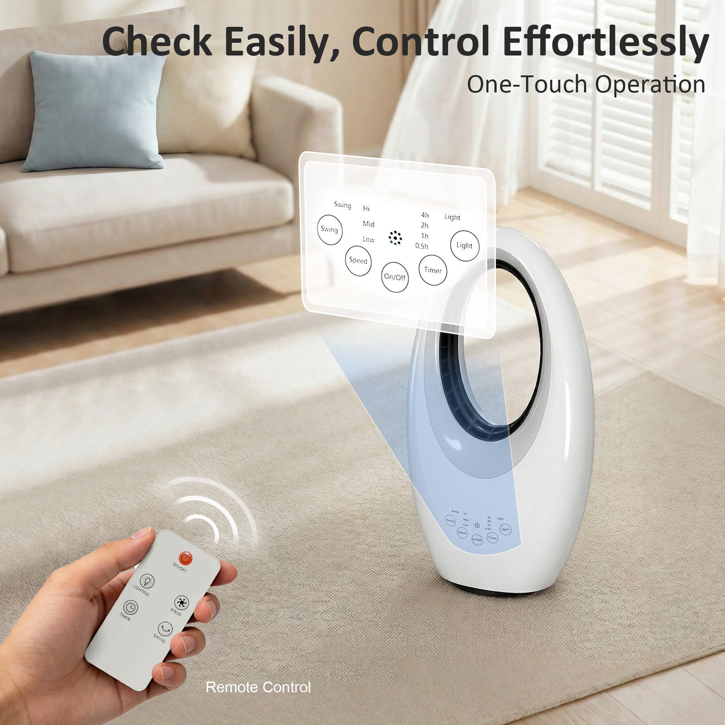 HOMCOM Bladeless Tower Fan, 36dB Standing Cooling Fan with 60° Oscillating, LED Lights, 3 Speeds, 7.5H Timer, Remote Control