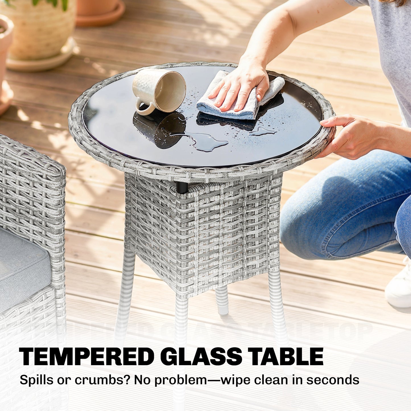 Outsunny Rattan Bistro Set, Reclining Garden Chairs and Glass Coffee Table with Cushions for Patio Balcony Porch, Light Grey