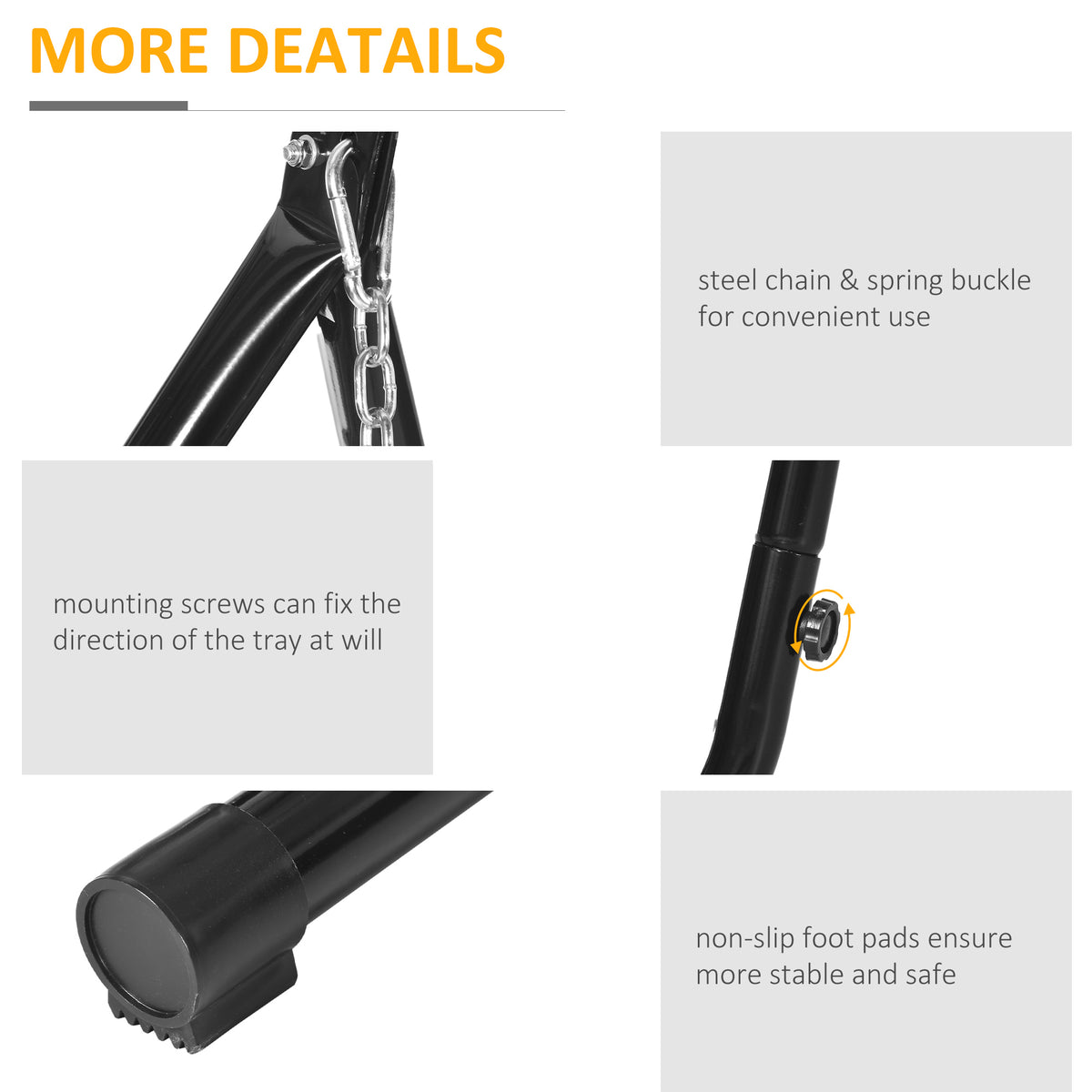 Hammock chair stand details showing hanging chain, adjustable tray screw, and non-slip foot pad