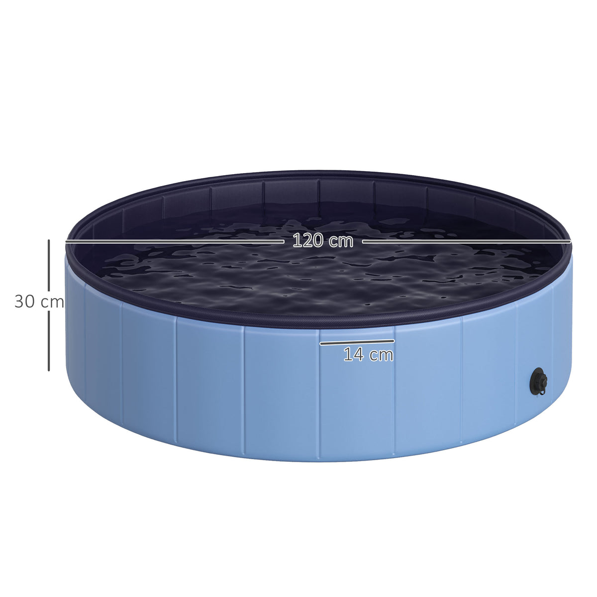 Blue round dog pool with dark interior, drainage plug, and dimensions of 120 cm wide by 30 cm high