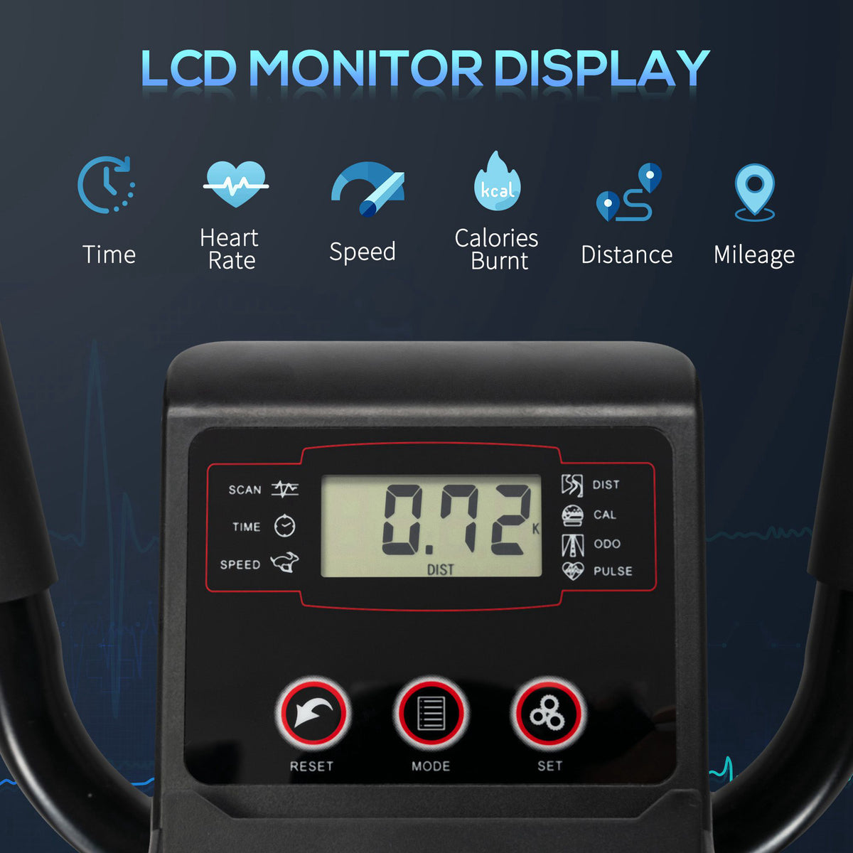 HOMCOM elliptical cross trainer LCD monitor showing workout stats and control buttons