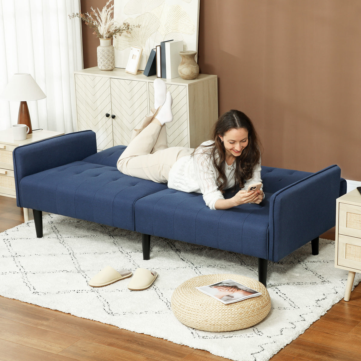 HOMCOM Three-Seater Sofa Bed, with Cupholders - Dark Blue