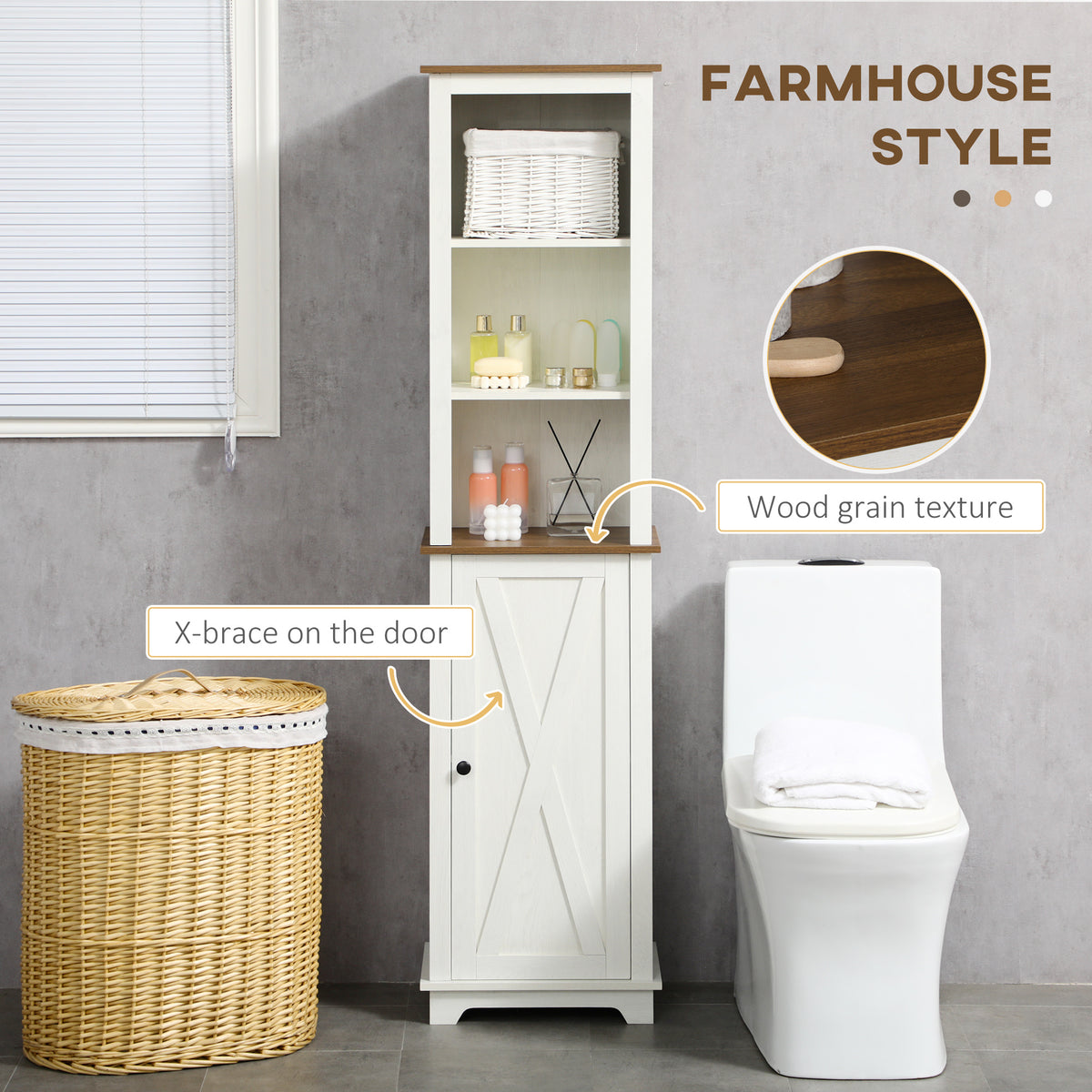 White tall bathroom cabinet with open shelves, wood-look trim, and an X-braced lower door