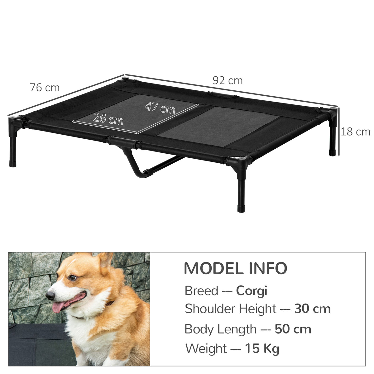 PawHut raised dog bed with black mesh surface, metal frame and dimensions shown