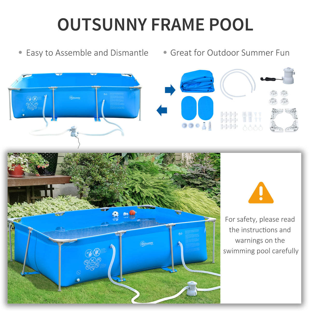 Outsunny blue frame pool with folded liner, pump, hoses, and assembly parts