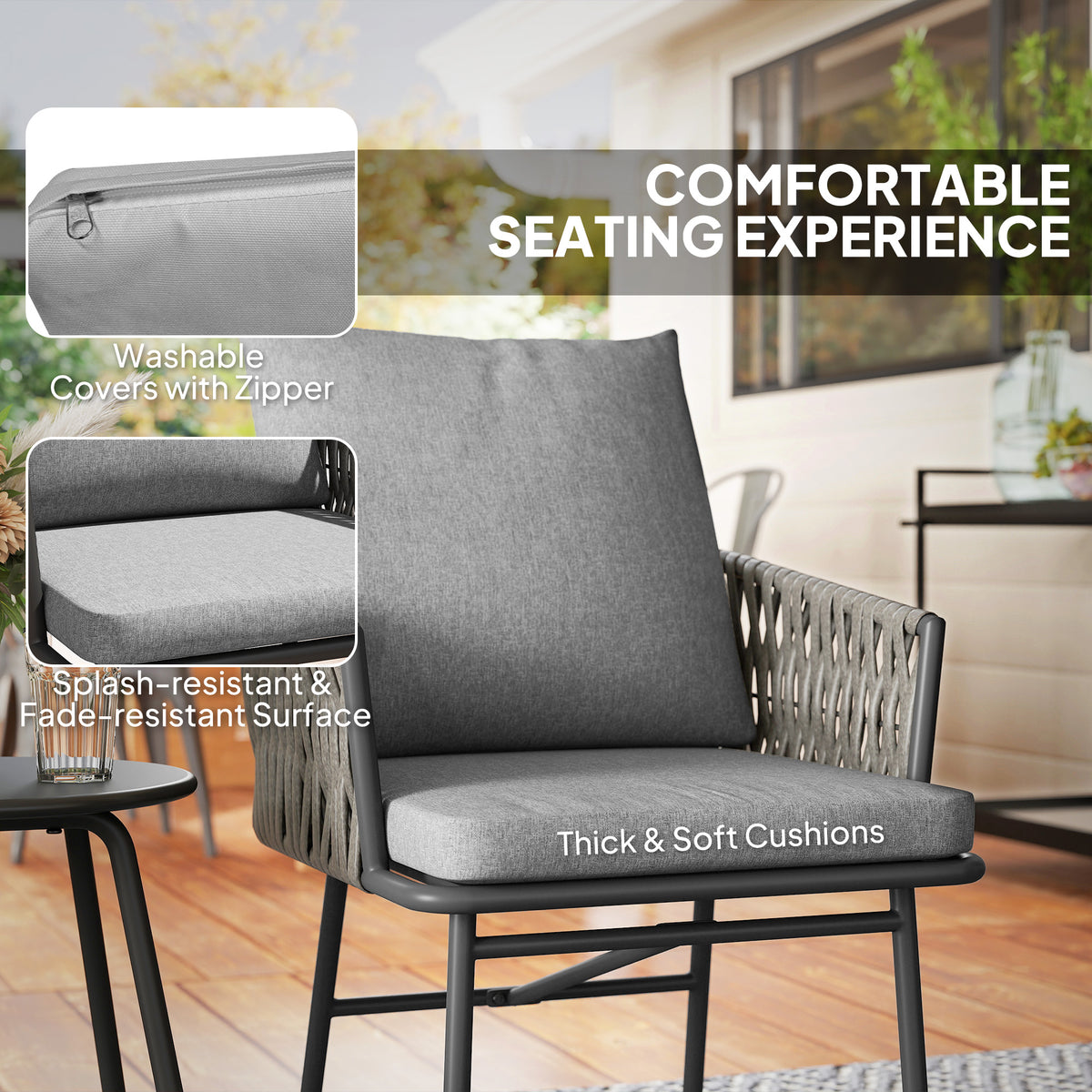 Grey rattan chair with thick cushions and a zippered washable cover