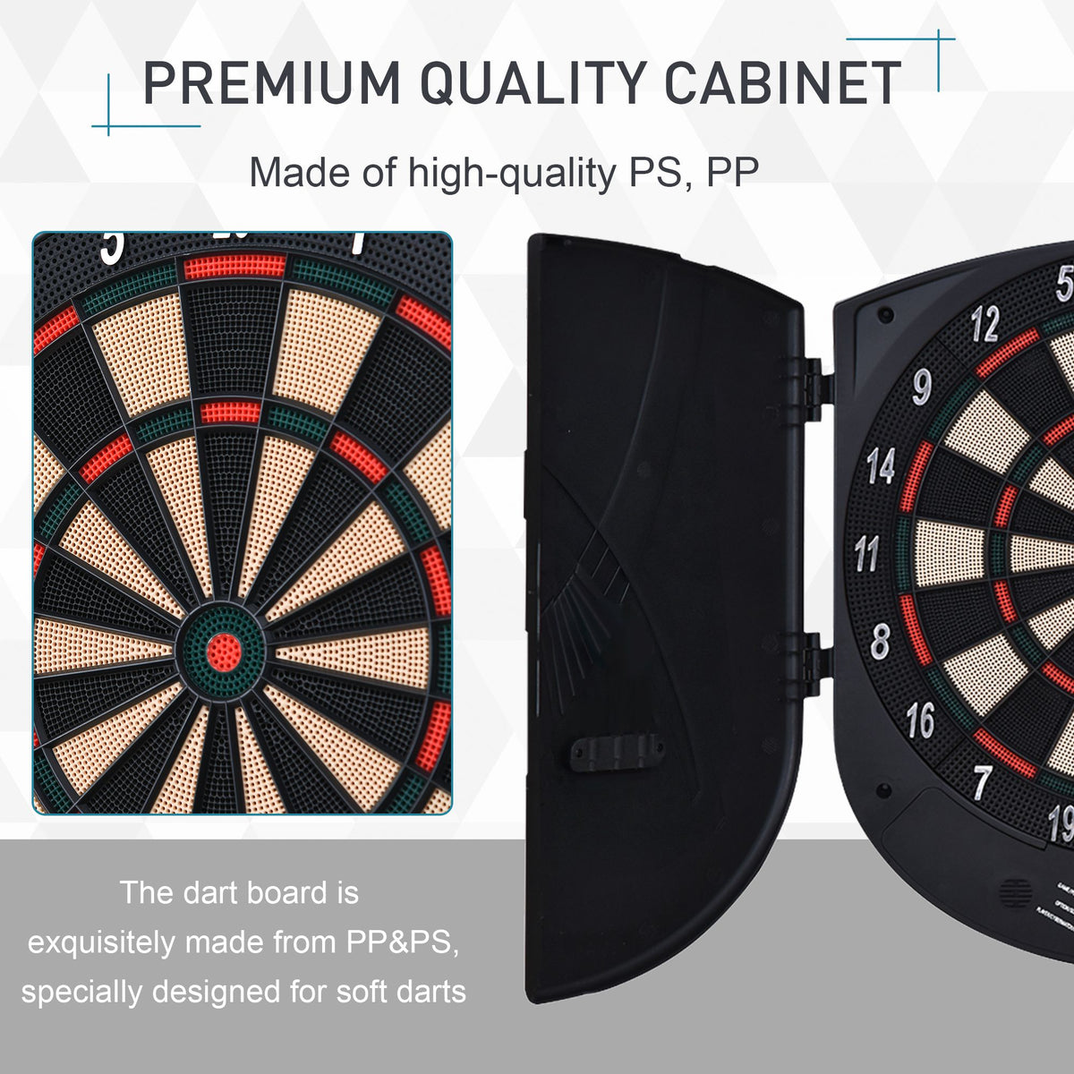 HOMCOM electronic dartboard cabinet with close-up of the segmented target