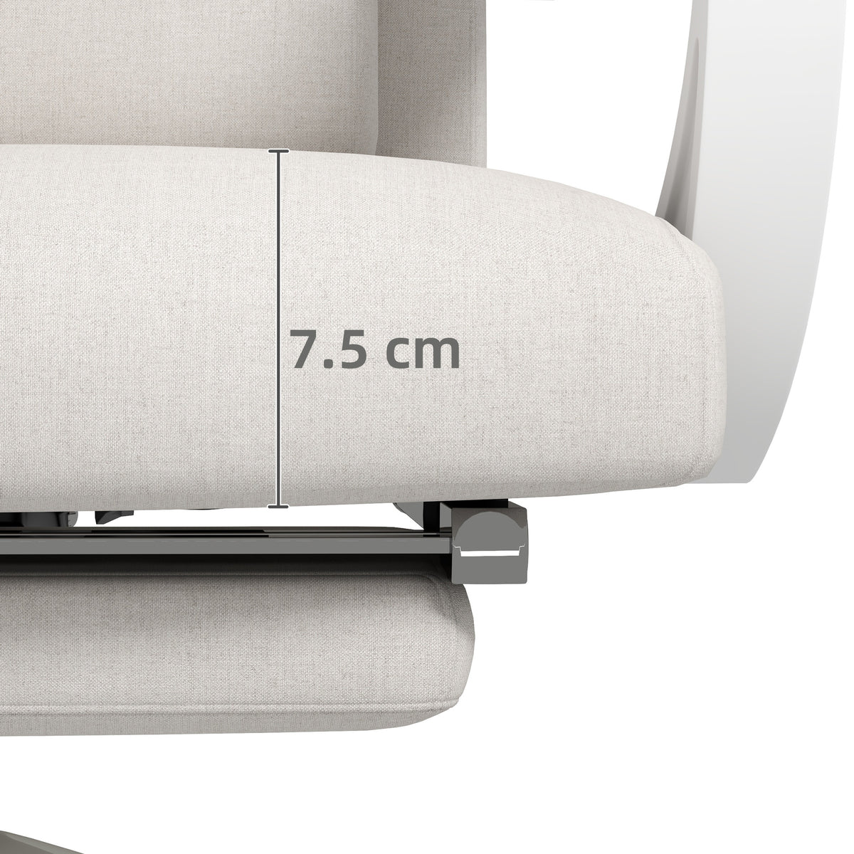 Close-up of the white linen-look chair seat cushion, showing its 7.5 cm thickness
