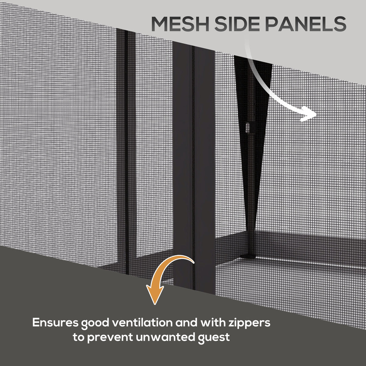 Gazebo mesh side panel with zipper and curtain tie